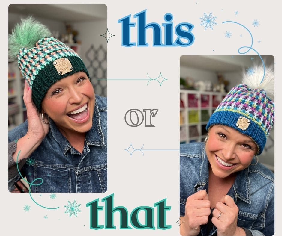 A smiling woman in a denim jacket models two colorful knitted hats with pom-poms—perfect stash-busting knit hat patterns. One hat is green and white, the other blue and white. Text reads “this or that” with decorative blue and green accents. -Marly Bird
