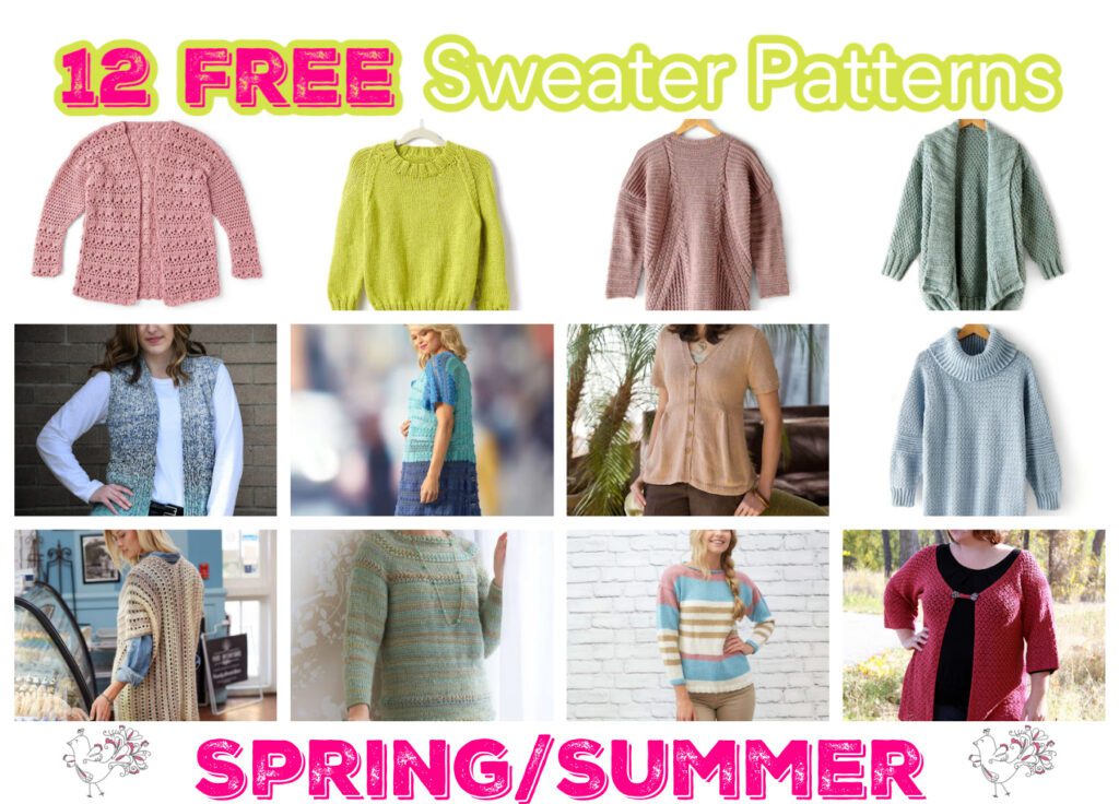 A colorful collage showcasing a variety of 12 free sweater patterns suitable for spring and summer.