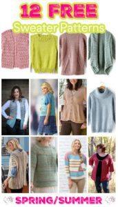 12 free sweater patterns for spring/summer: a colorful collection of knitwear designs.