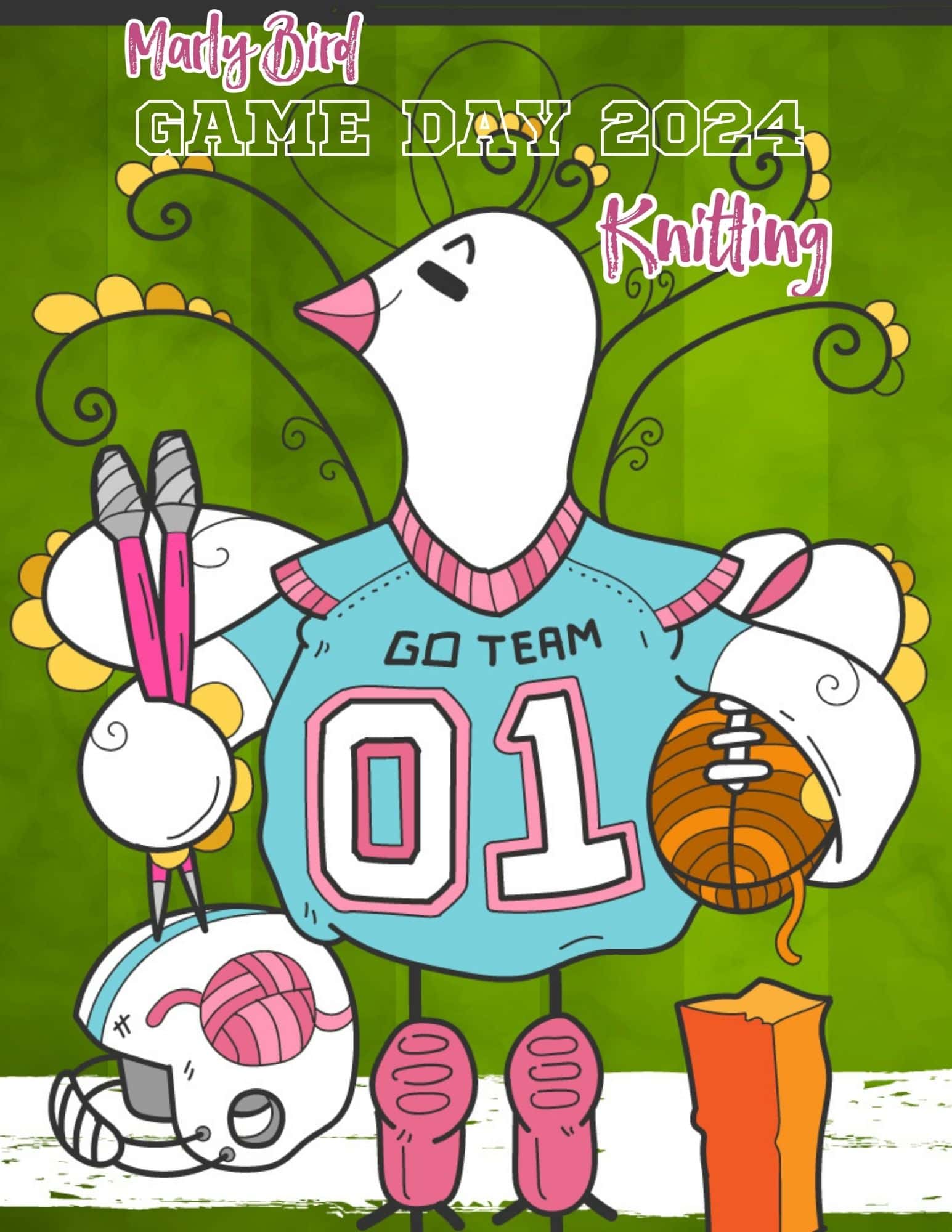 A colorful cartoon poster featuring a knitting-themed "game day make-along 2024" with a playful bird in a sports jersey, sporting knitting needles and yarn, set against a bright green backdrop with decorative swirls. -Marly Bird