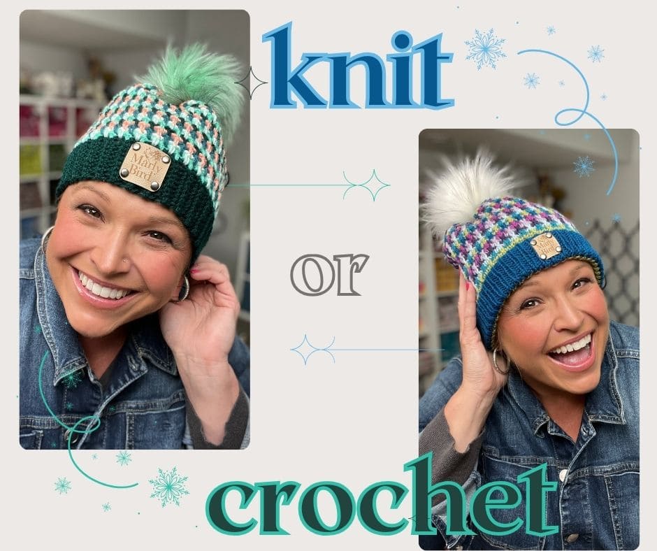 Two images of a smiling woman in colorful winter hats with pom-poms—one labeled "knit" and the other "crochet." Decorative text, snowflake accents, and inspiration for stash-busting knit hat patterns on a light background. -Marly Bird