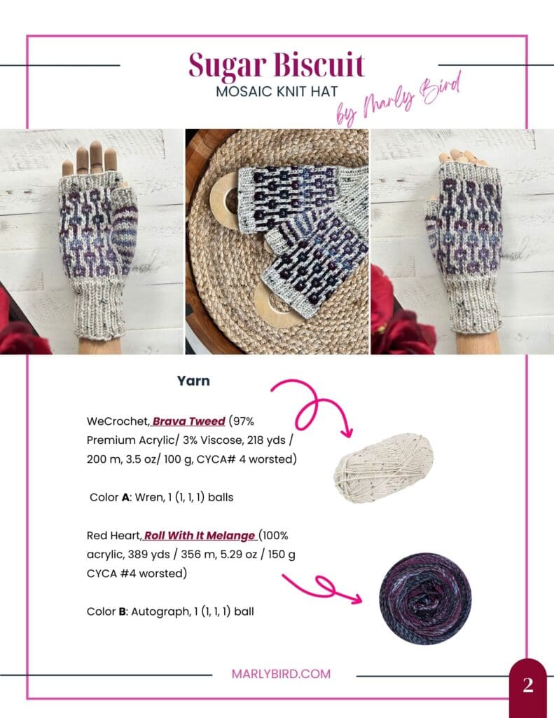 Two hands wearing Marly Bird mosaic knit fingerless mitts with a geometric pattern in gray, black, purple, and white yarn. Below are images and details of the Sugar Biscuit yarns used for this Knit Fingerless Mitts Pattern. -Marly Bird