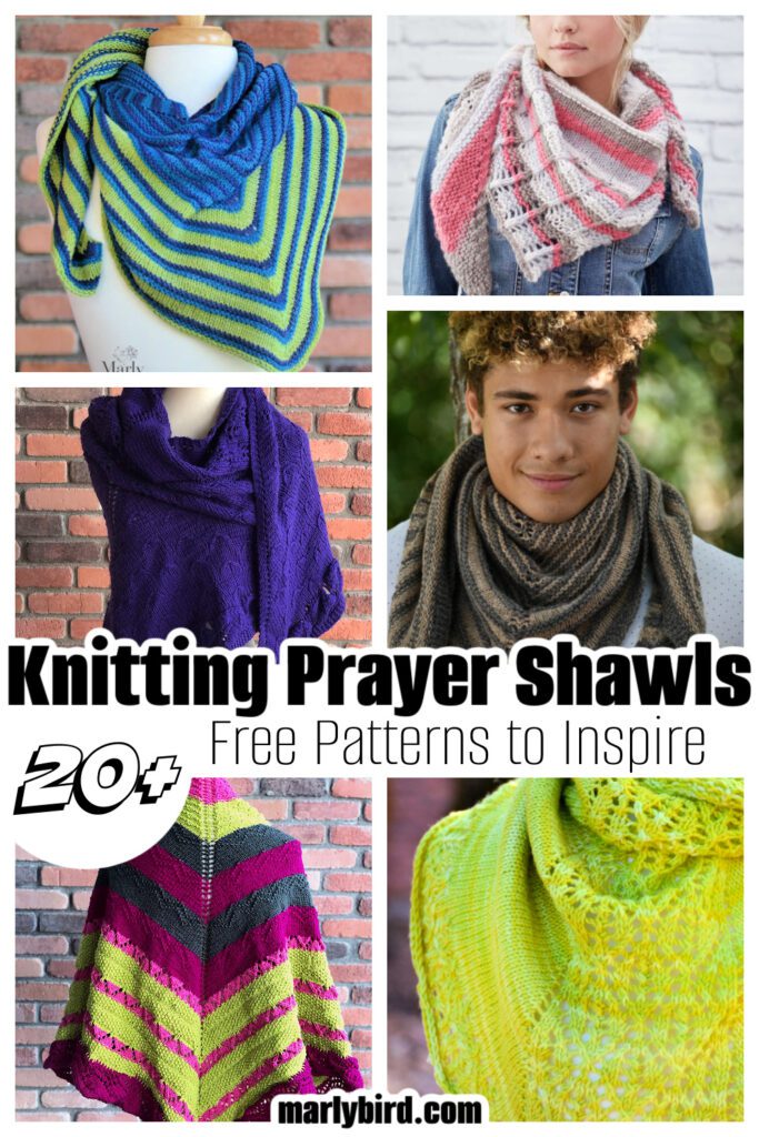 A collage featuring various knitted prayer shawls. the image includes a young man wearing a gray shawl, close-ups of shawls in multiple colors and patterns, and text highlighting "20+ free patterns to inspire" from marlybird.com.