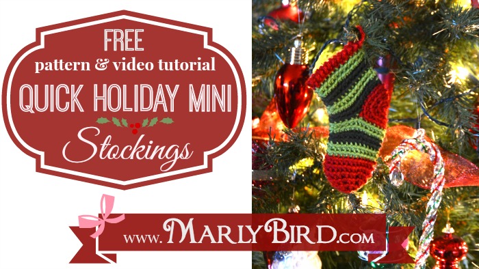 Text: Free pattern and video tutorial - Quick Holiday Mini Stockings - Marly Bird. Image: Close-up of crochet holiday mini stocking hanging on ligthed Christmas tree