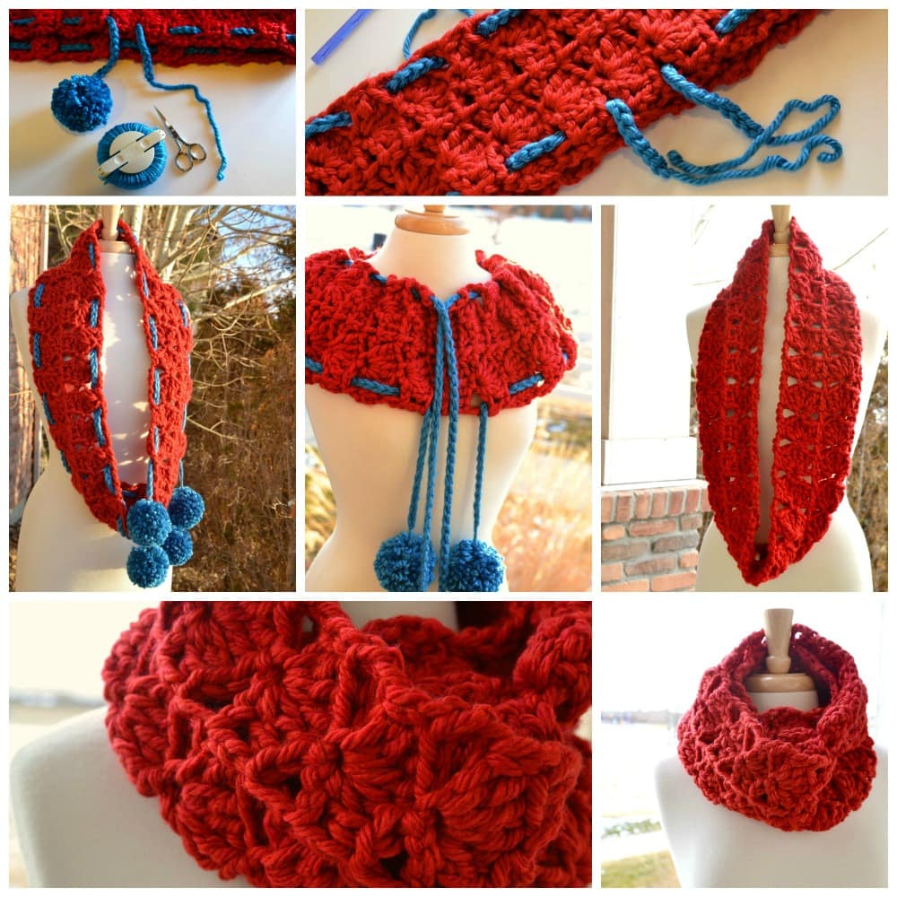 A collage of six images displaying a red crocheted scarf with blue pom-poms and intricate patterns. The free crochet pattern for the scarf is shown from different angles and on a mannequin. -Marly Bird