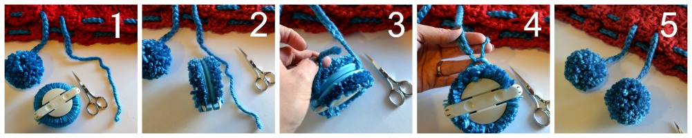 A free step-by-step tutorial showing hands making a blue pom-pom using crochet yarn and a cardboard tool. Each frame progresses from wrapping yarn to cutting and finishing the pom-pom. -Marly Bird