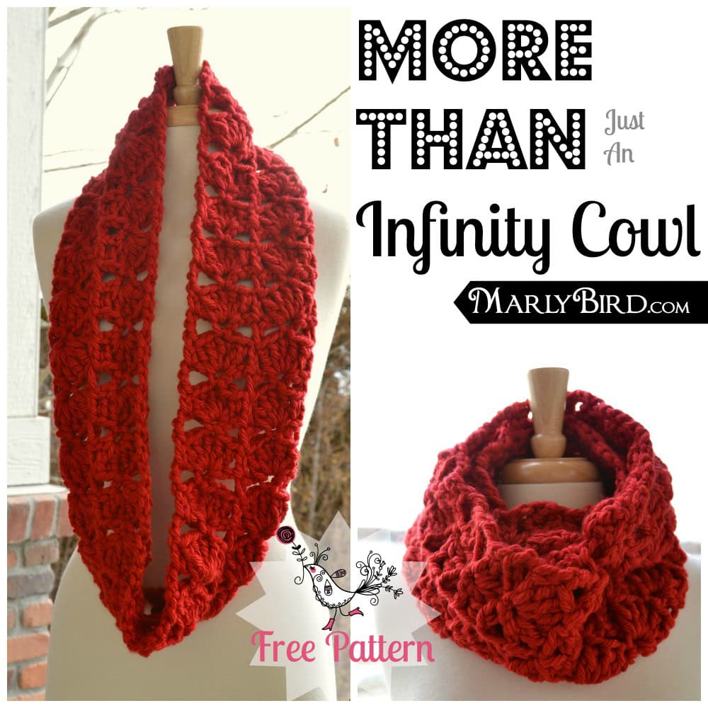 A vibrant red, crocheted infinity scarf displayed in two styles: extended and looped around a mannequin's neck. Text overlay promotes it as "More Than an Infinity Cowl" with a link to a free crochet pattern. -Marly Bird