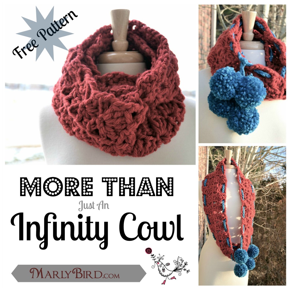 A collage of images showcasing a handmade knitted infinity cowl in various shades of pink and blue, with text overlay that reads "More Than Just an Infinity Cowl - Free Crochet Patterns by Marly Bird. -Marly Bird