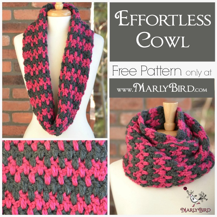 FREE Crochet Cowl Pattern, Effortless, by Marly Bird. A longer length cowl worked in double crochet linen stitch and 2 colors of yarn. Sample shown in dark grey and bright pink. 