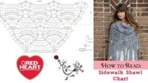 A collage image featuring a knitting pattern chart for a shawl, a woman wearing a gray knitted shawl, a Red Heart brand logo, and a whimsical drawing of a bird with a flower, alongside text “How to Read: Sidewalk Shawl Chart.”. -Marly Bird