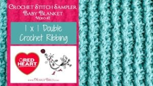 A promotional image for a crochet tutorial featuring a close-up of a teal, double crochet ribbing baby blanket, with logos for "Red Heart" and "Marly Bird" and text detailing the video title. -Marly Bird