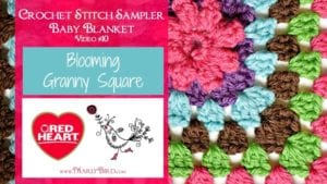 A colorful crochet stitch sampler blanket featuring a pattern of blooming granny squares, alongside promotional logos for Red Heart yarn and designer Marly Bird. -Marly Bird