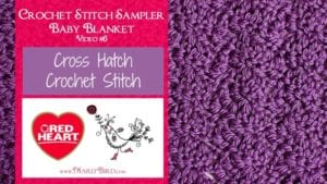 A promotional image for a crochet tutorial featuring a close-up of a purple cross hatch crochet stitch pattern with text labels and logos, including "Red Heart" and "Marly Bird. -Marly Bird