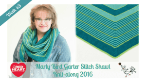 A promotional image for a knit-along, featuring a smiling woman wearing a blue and green knitted shawl, and an inset showing a close-up of the shawl's pattern. Text announces "Marly Bird Garter Stitch Shawl Knit-along 2016". -Marly Bird