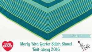 A vibrant turquoise and green garter stitch shawl displayed with text overlays indicating it's part of the "Marly Bird Garter Stitch Shawl Knit-along 2016," during "Week #2. -Marly Bird