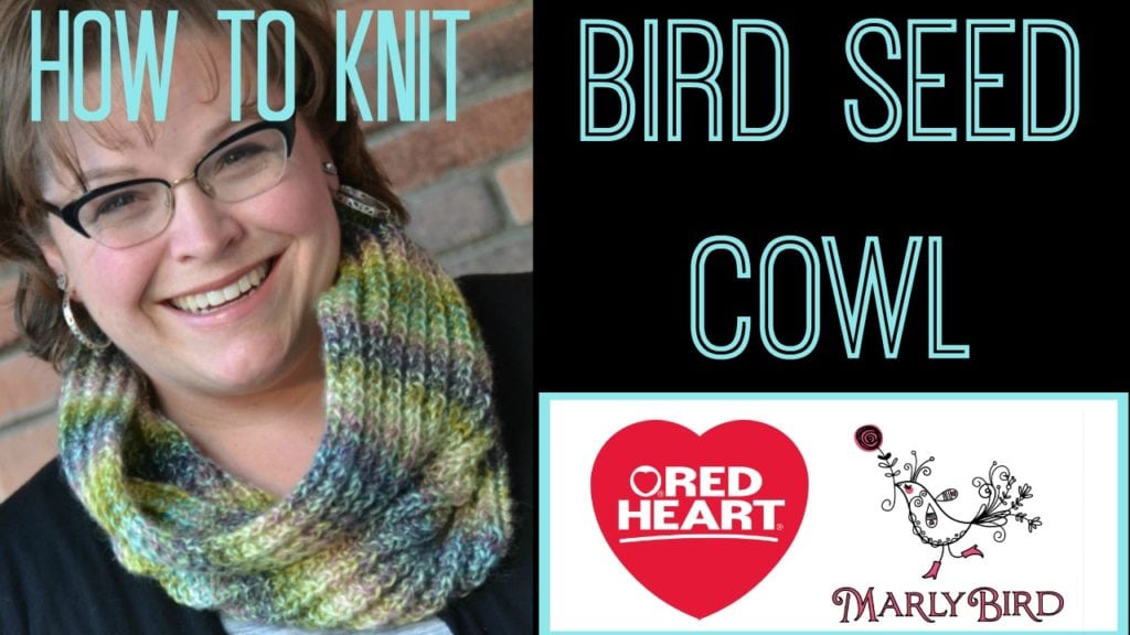 Promotional image featuring a smiling woman wearing a multicolored knitted cowl, with text "How to Knit Bird Seed Cowl" and logos of Red Heart and Marly Bird. -Marly Bird