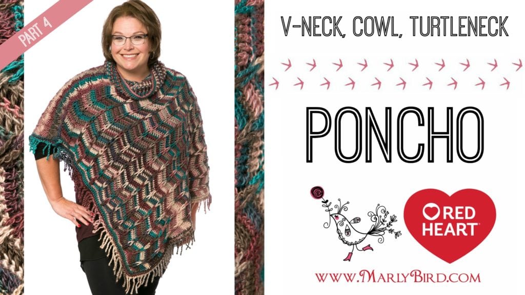 A promotional image featuring a smiling woman wearing a colorful, knitted poncho with a V-neck design, alongside text that reads "Poncho" and logos indicating a collaboration with Red Heart by Marly Bird. -Marly Bird