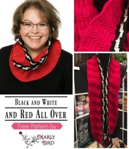 A promotional image featuring three panels: a smiling woman in the left panel, and two close-ups of a hand-crocheted red and black cowl in the right panels, with text overlay about a free crochet cowl pattern by Marly Bird. -Marly Bird