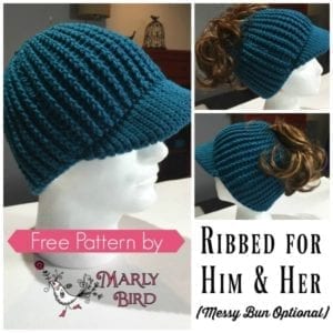 Ribbed for Him and Her Free Crochet Messy Bun Hat Pattern by Marly Bird