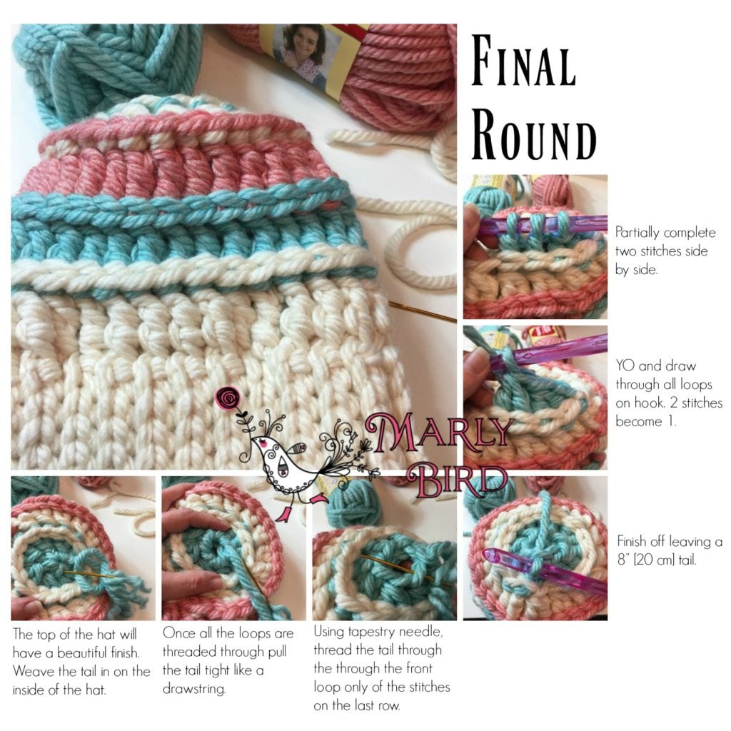 Free Bulky Crochet Messy Bun Hat -Chunky Monkey Bulky Hat by Marly Bird - Instructions for final round of hat.