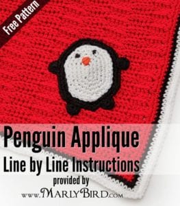 A vibrant red crocheted background featuring a cute white and black penguin blanket appliqué, with the text "Free Pattern" and "Penguin Applique Line by Line Instructions provided by www.MarlyBird.com. -Marly Bird