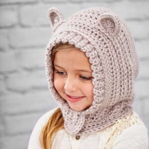 Red Heart Happy Hoodie - little girl wearing crochet light grey hood with ears - Marly Bird