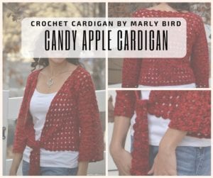 A collage showing a woman modeling a red crochet cardigan called "Candy Apple Cardigan" designed by Marly Bird. Images focus on the sweater's details and fit from various angles. -Marly Bird