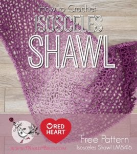 Lacy Isosceles Shawl in shades of purple on background of grey wood. Free Pattern from Red Heart. Videos by Marly Bird.