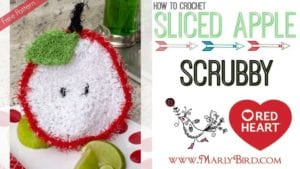 A collage depicts a handcrafted crochet project of a sliced apple scrubby. One side shows the finished red and white product with a green crochet leaf and a smiling face, and the other displays text with instructions and a logo. -Marly Bird