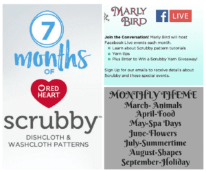 Image featuring two logos: "7 Months of Scrubby Cotton" by Red Heart on the left, and "Marly Bird" with Facebook Live details and monthly themes listed, from March to September, on the right. -Marly Bird