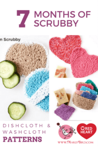 Promotional image showing seven different crochet dishcloth and washcloth patterns in various colors, titled "7 Months of Scrubby", winner of the Women's Choice Award. Patterns use Scrubby yarn by Red Heart. -Marly Bird