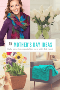 A collage of Mother's Day ideas: a smiling woman wearing a colorful scarf, a bouquet of white roses, yarn flowers in a pot, and a knitted blue blanket on a couch. -Marly Bird