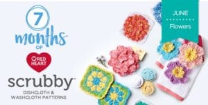 Promotional graphic for "7 Months of Scrubby", featuring an array of colorful knit and crochet dishcloth and washcloth patterns with floral designs. The theme for June is "Flowers". -Marly Bird