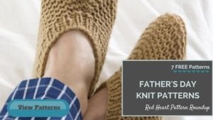 Image of a person's feet in knitted slippers resting on a white bedsheet, with an overlay text advertising "7 FREE Father's Day Projects, Knit Patterns" and a clickable button labeled "View Patterns. -Marly Bird