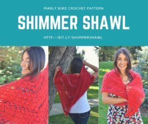 Promotional image for Marly Bird Shimmer Shawl Crochet Pattern, featuring a woman modeling a red shimmer shawl in three poses: front view, back view, and side view, against a lush green background. -Marly Bird