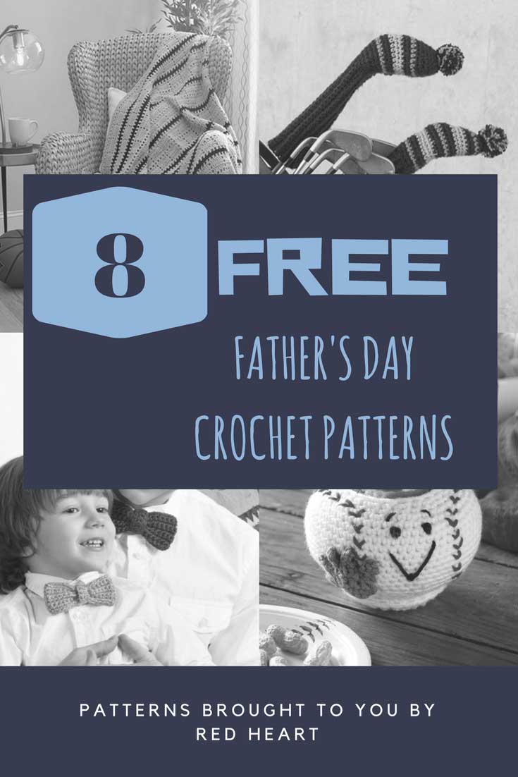 Promotional image for "8 Free Crochet Father's Day Patterns" featuring a black and white photograph of a joyful boy in a bow tie, crochet items like a striped hat, and Red Heart brand attribution. -Marly Bird