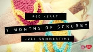 A colorful collage of knitted scrubby washcloth patterns with text overlay reading "Red Heart, 7 Months of Scrubby, July-Summertime. -Marly Bird