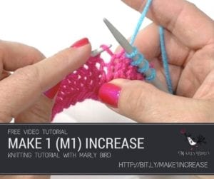 Hands demonstrating a "Make 1 Increase" knitting technique on pink yarn with knitting needles. Text overlay promotes a free video tutorial by Marly Bird with a link. -Marly Bird