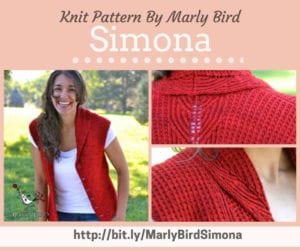 Promotional image for a knitting pattern called "Simona" by Marly Bird, featuring a woman in a red knitted vest smiling outdoors, with close-ups of the vest's textured pattern and collar. -Marly Bird