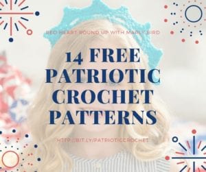 Promotional image featuring text "14 Free Patriotic Crochet Patterns" with a blurred background of a person and crochet items, and a link at the bottom. Decorative elements include blue and red circles. -Marly Bird