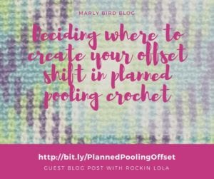 Promotional image for a blog post on Marly Bird Blog about planned pooling in crochet, featuring text overlay on a colorful yarn background with a link at the bottom. -Marly Bird