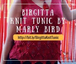 Promotional image featuring a woman in a red, knitted tunic with a lace pattern, labeled "Birgitta Knit Tunic by Marly Bird." A URL is present at the bottom. -Marly Bird