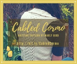 Promotional image featuring a woman from behind, looking at a garden, overlaid with text "Cabled Cormo, Knitting Pattern by Marly Bird" and a URL. Vibrant colors and a peaceful setting. -Marly Bird