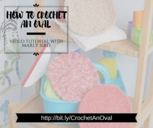 Promotional image for a crochet tutorial, showing various colored yarns and crochet tools on shelves, with a link to a video tutorial by Marly Bird. -Marly Bird