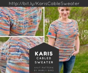 A collage featuring a woman modeling a multicolored cabled sweater. Close-ups of the sweater's texture and a summary label with the link and design credit to Marly Bird. -Marly Bird