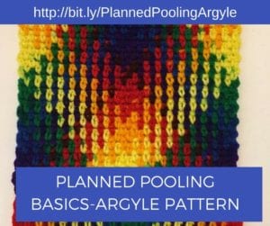 Image showing a colorful crocheted fabric with a planned pooling argyle pattern. The text reads "Planned Pooling Basics-Argyle Pattern." Background is navy blue. -Marly Bird