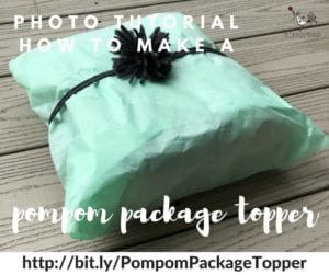 A photo tutorial on making a pompom package topper, featuring a gift wrapped in light green tissue paper, tied with a black string and a small pompom on top, on a wooden background. -Marly Bird
