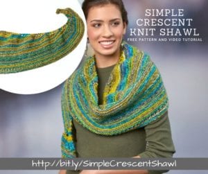 A smiling woman wearing a green top and a multicolored crescent knit shawl. The shawl features shades of blue, green, and yellow. Text promotes a free pattern and tutorial, along with a URL. -Marly Bird