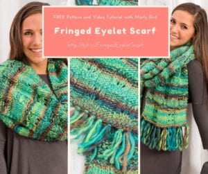 A woman wearing a chunky, multicolored fringed eyelet scarf. The image includes text offering a free pattern and tutorial by Marly Bird with a URL link. -Marly Bird