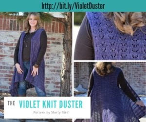 Collage showcasing a woman modeling a hand-knit violet duster vest, with close-up views of the textured pattern. Text promotes the pattern by Marly Bird with a URL. -Marly Bird